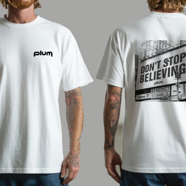 PLUM "Don't Stop Believing" White Unisex Crew Neck